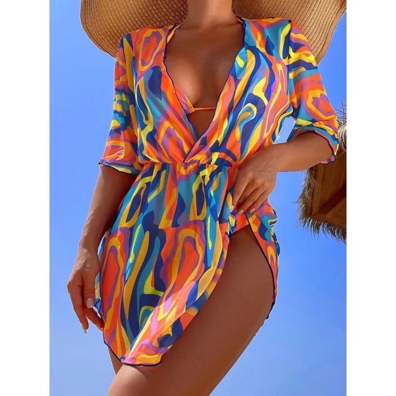 

2024New Bikini Short-Sleeved Blouse Mesh Sunscreen Anti-Exposure Hot Spring Bathing Suit Women