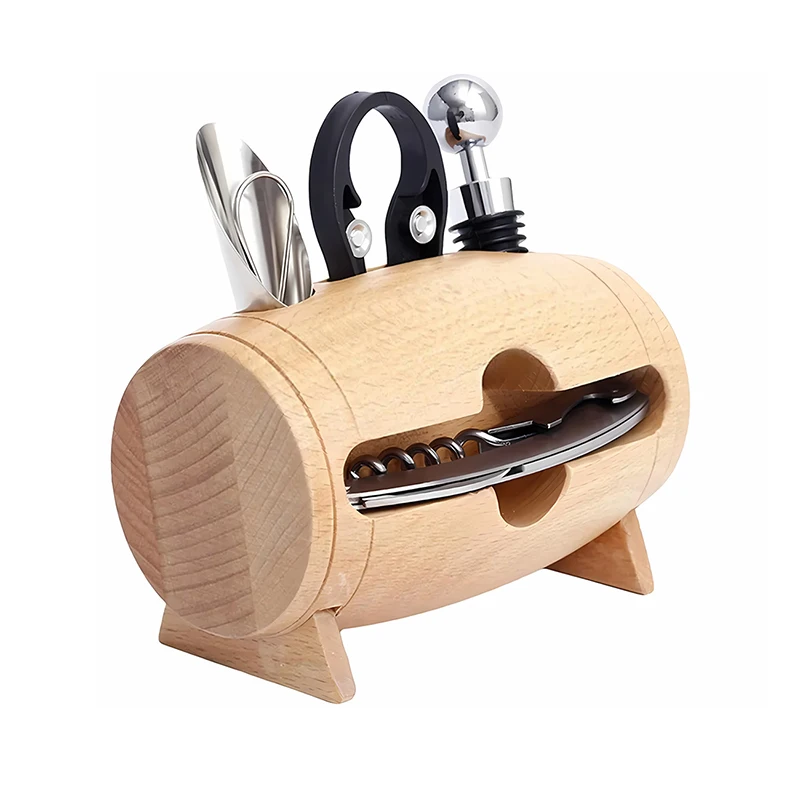 

4-Piece Set Of Wooden Wine Barrel Shaped Ornament For Household Manual Red Wine Bottle Opener Set