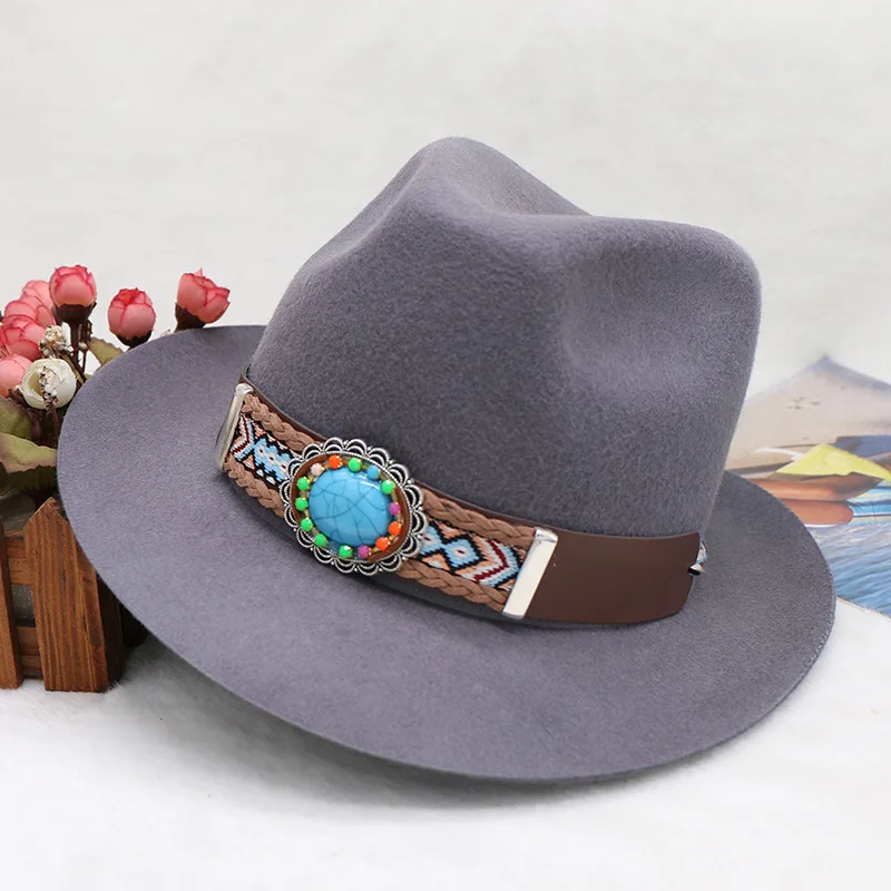 

Woolen Cowboy Hat Men's Jazz Top Hat Hot Sale In Europe And America Autumn And Winter Hat Ethnic Tibetan Style Felt Cap