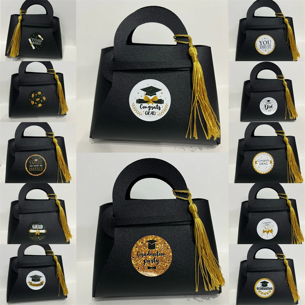 12pcs Black Leather Gift Bags Graduation Season Theme Congrats Grad Candy Packing Bag 2024 Congratulation Graduation Party Decor