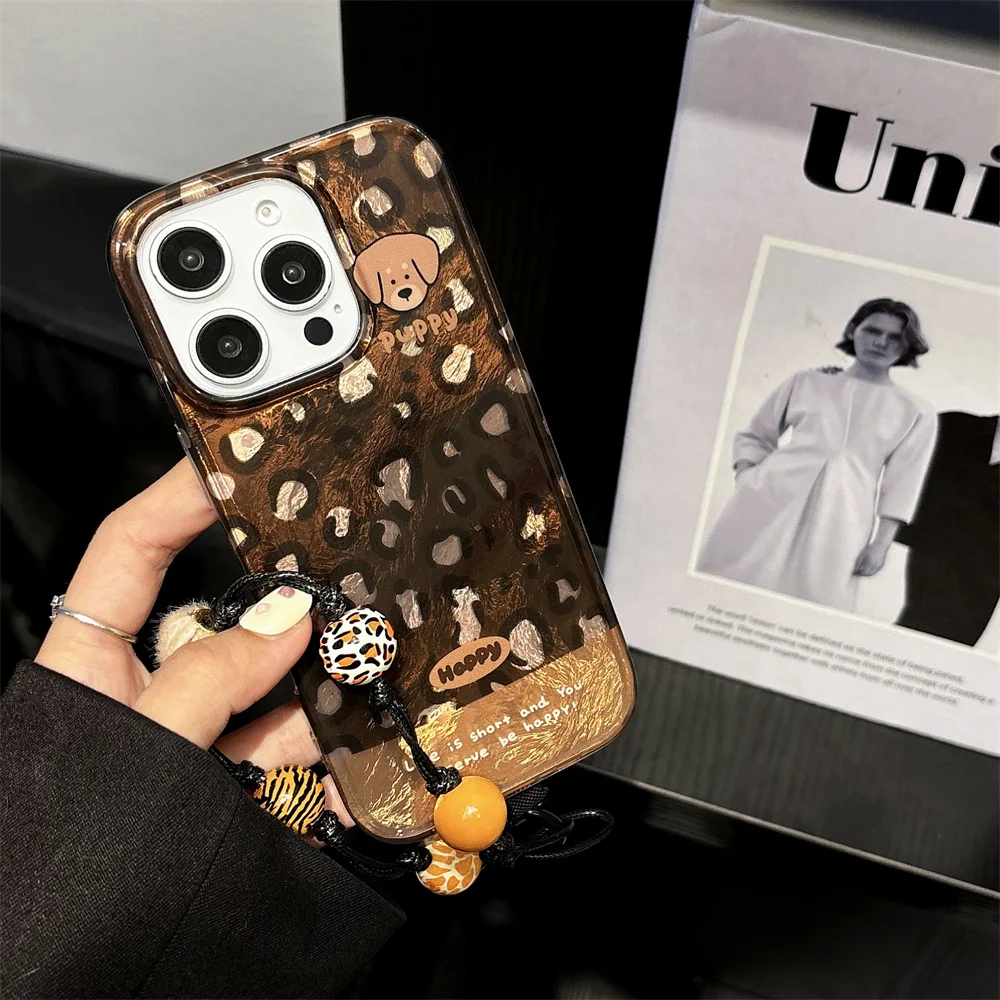 Fashion Retro Leopard print Bracelet Soft Silicone Phone Case For iphone 16 15 14 13 12 11 Pro Max Plus INS Shockproof Cover image 2