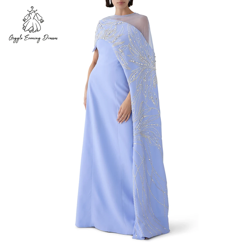 

Элегантное светло-голубое вечернее платье из джерси Giggle, классическое без бретелек, сшитая вручную бусинами, накидка-русалка, платья для особых случаев по индивидуальному заказу