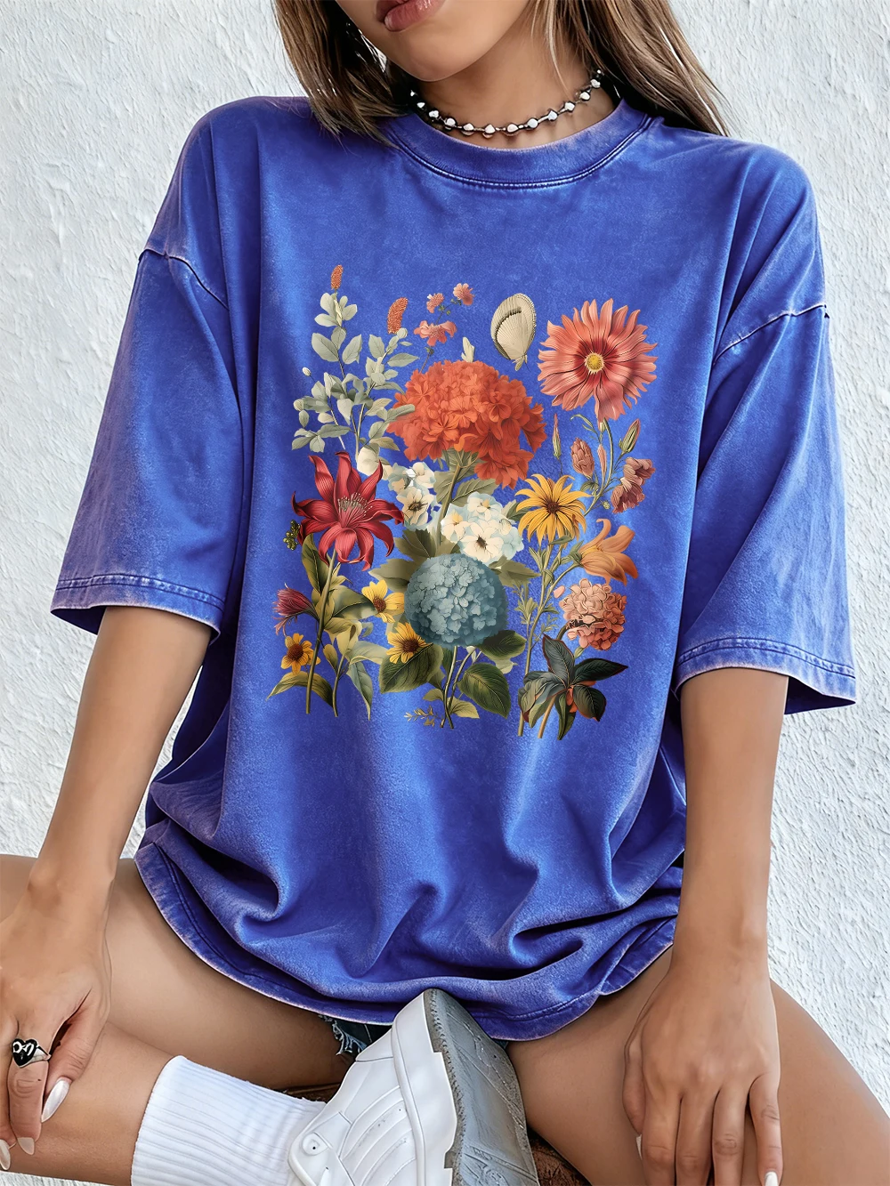 Vintage Hortensien-Blumen-Prints Gewaschene T-Shirts Damen Baumwoll-Kurzarm-Tops Street O-Neck Oversize T-Shirt Sommerkleidung – Detail 13