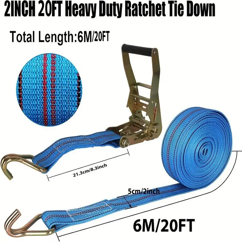 1 Set Heavy Duty Blue Tie Down Straps Acrylic Universal Front Secure Hooks Reinforced Steel Ratchet 5000g Capacity