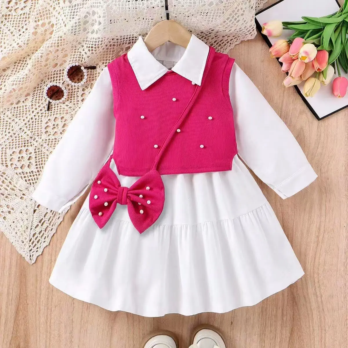 

Autumn And Winter Collection Children's Collared Long-Sleeved Shirt Dress with Pearl-Embellished Waistcoat Bow-Tie Set for Girls