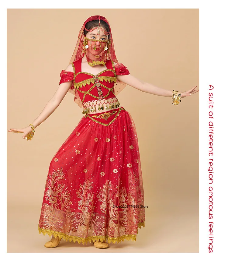 Indische Prinzessin Bauchtanz-Set für Kinder, orientalischer indischer Tanz, Sari, Mädchen-Performance-Kleidung, Bühnenkostüme für Kinder
