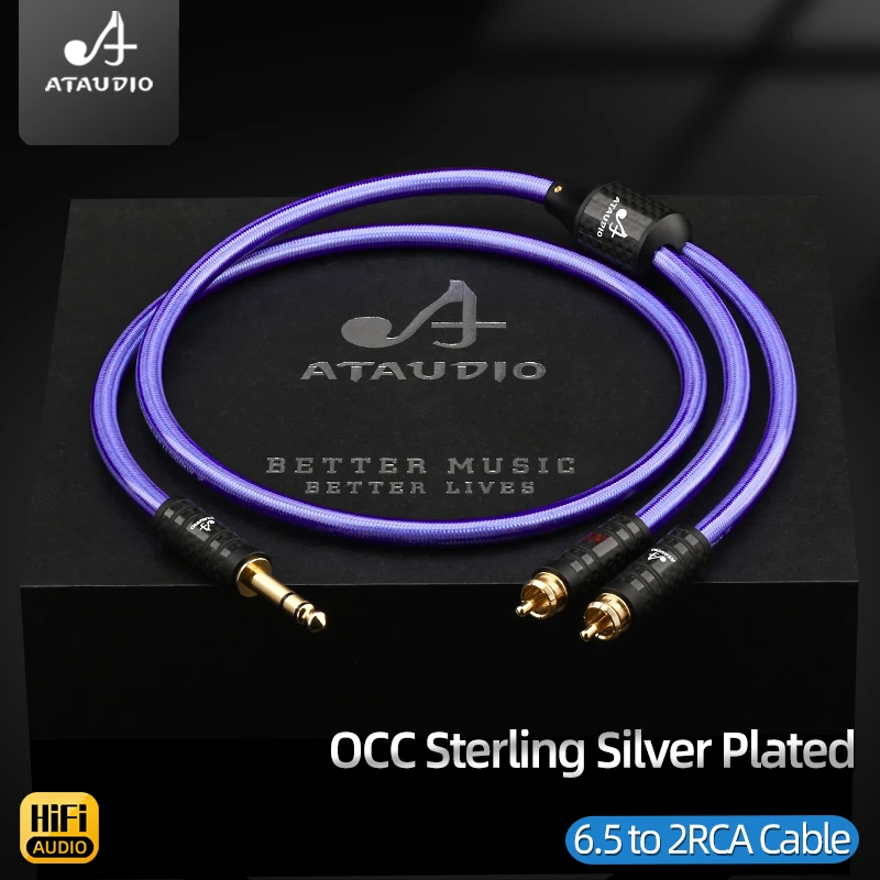 

ATAUDIO HiFi Silver-plated 6.5mm to 2RCA OCC Audio Cable 6.5mm TRS Jack to 2RCA Stereo Y Splitter Cable for Speaker Amplifier