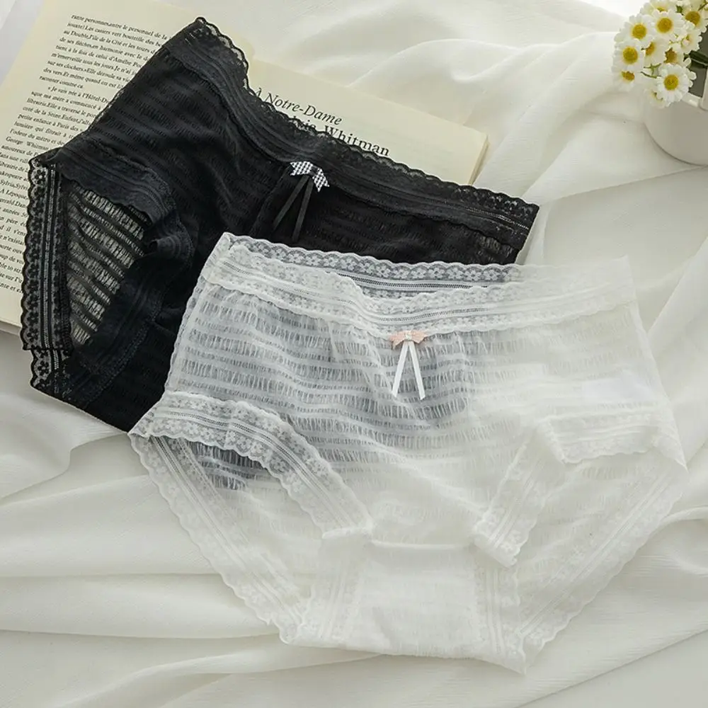 Japanese Sweet Middle Waist Lace Panties Women Sexy Bow Mesh Cotton Crotch Briefs Breathable Thin Underwear Female Lingerie