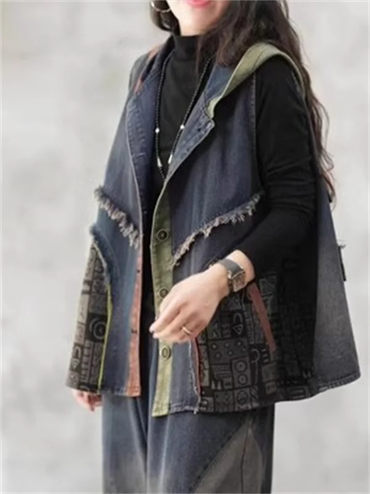 Contrasting Color Patchwork With Raw Edges Hooded Vest Women\'s 2024 New Loose Skinned Denim Waistcoat Casual Denim Vest Lady