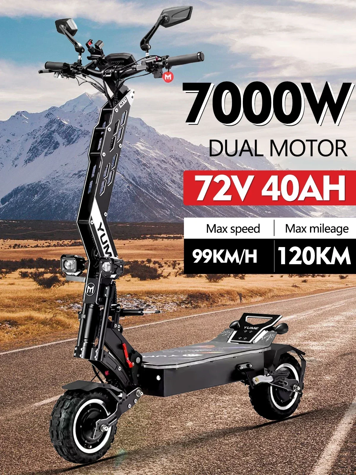 YUME Dual Motor 72V 7000W Geschwindigkeit bis zu 110km/h faltbarer Elektroroller für Erwachsene 40AH MarkenbatterienMaximale Kilometerstand 160KM