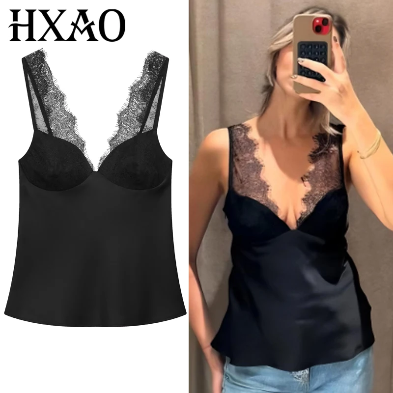 HXAO Korsett-Spitzen-Top für Damen, sexy Slip-Tanks und Camis, abgeschnittenes Träger-Schwarz-Top-BH für Damen, ärmelloses, rückenfreies Top, Bustier-Unterhemd