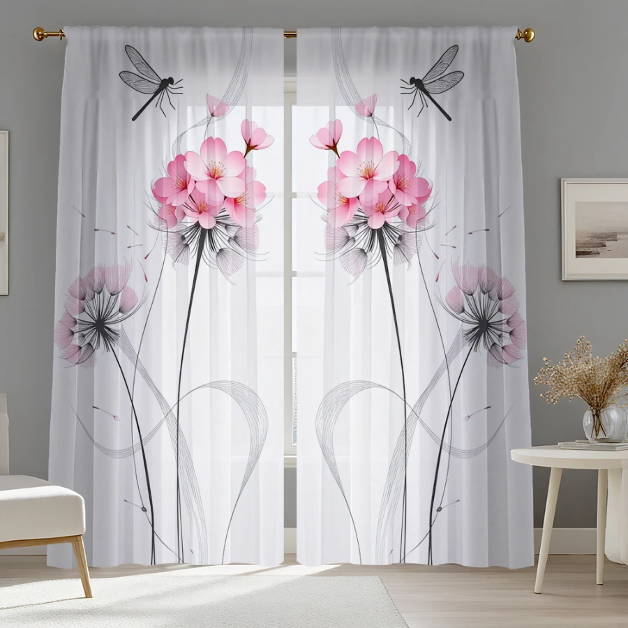 2PCS Digital Print Sheer Curtain, Dragonfly Pink Hydrangea, Boho Chic Window Curtains for Living Room Bedroom Home Decor