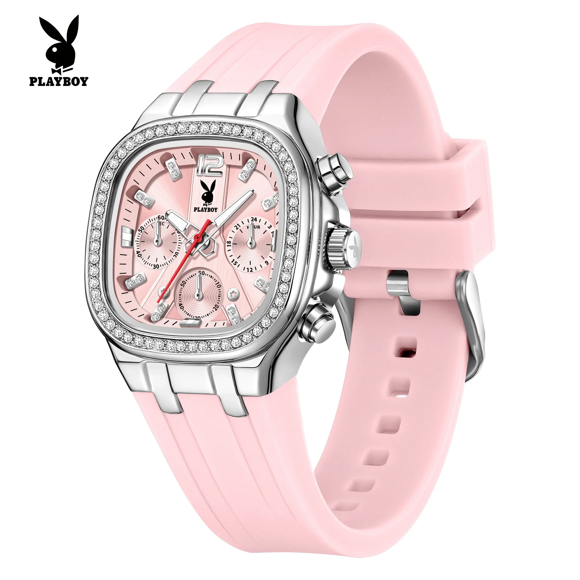 PLAYBOY Quartz Watches for Women Fashion Silicone Strap Diamond Bezel Luminous Waterproof Chronograph Casual Ladies Wristwatches