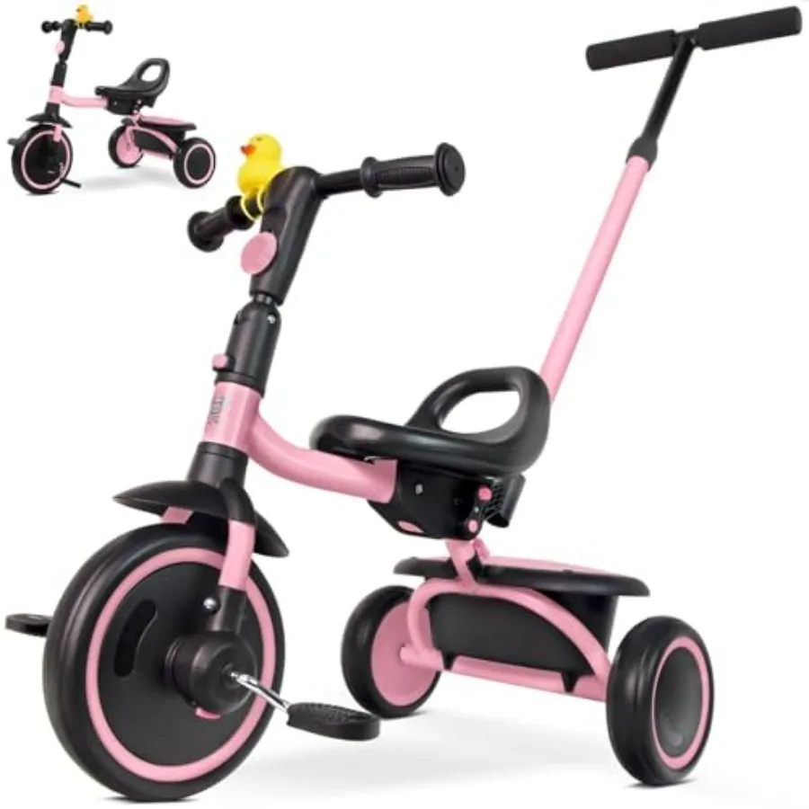 

Pink Toddler Tricycle for 18 Months to 5 Years with Removable Push Handle Adjustable Carry-Friendly Seat Ideal for On-The-Go Fa