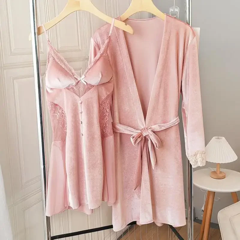 

Bride 2PCS Velour Robe Set Spring Lace Nightgown Bathrobe Sleep Suit Sleepwear Women Kimono Nightdress Satin Gown Loungewear