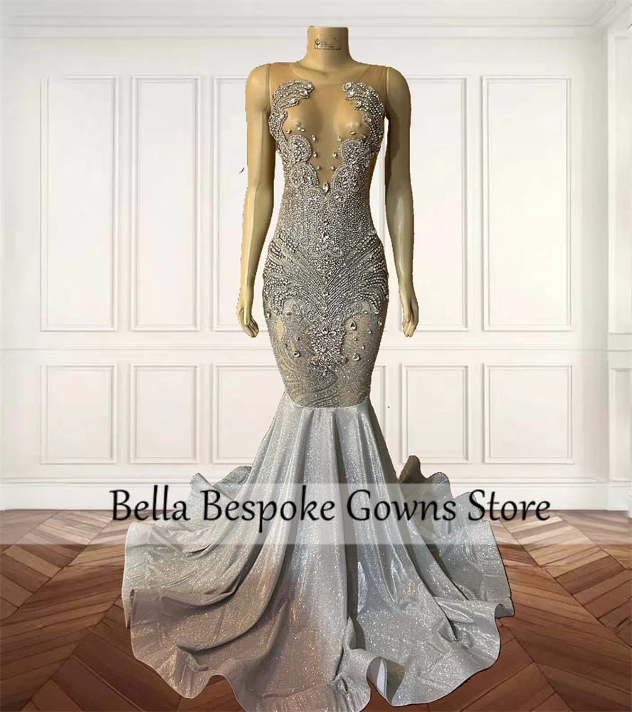 Silver Rhinestone Long Prom Dresses Bead Crystal Black Girl Luxury Dress Women 2024 Mermaid Special Occasion Gown Customized