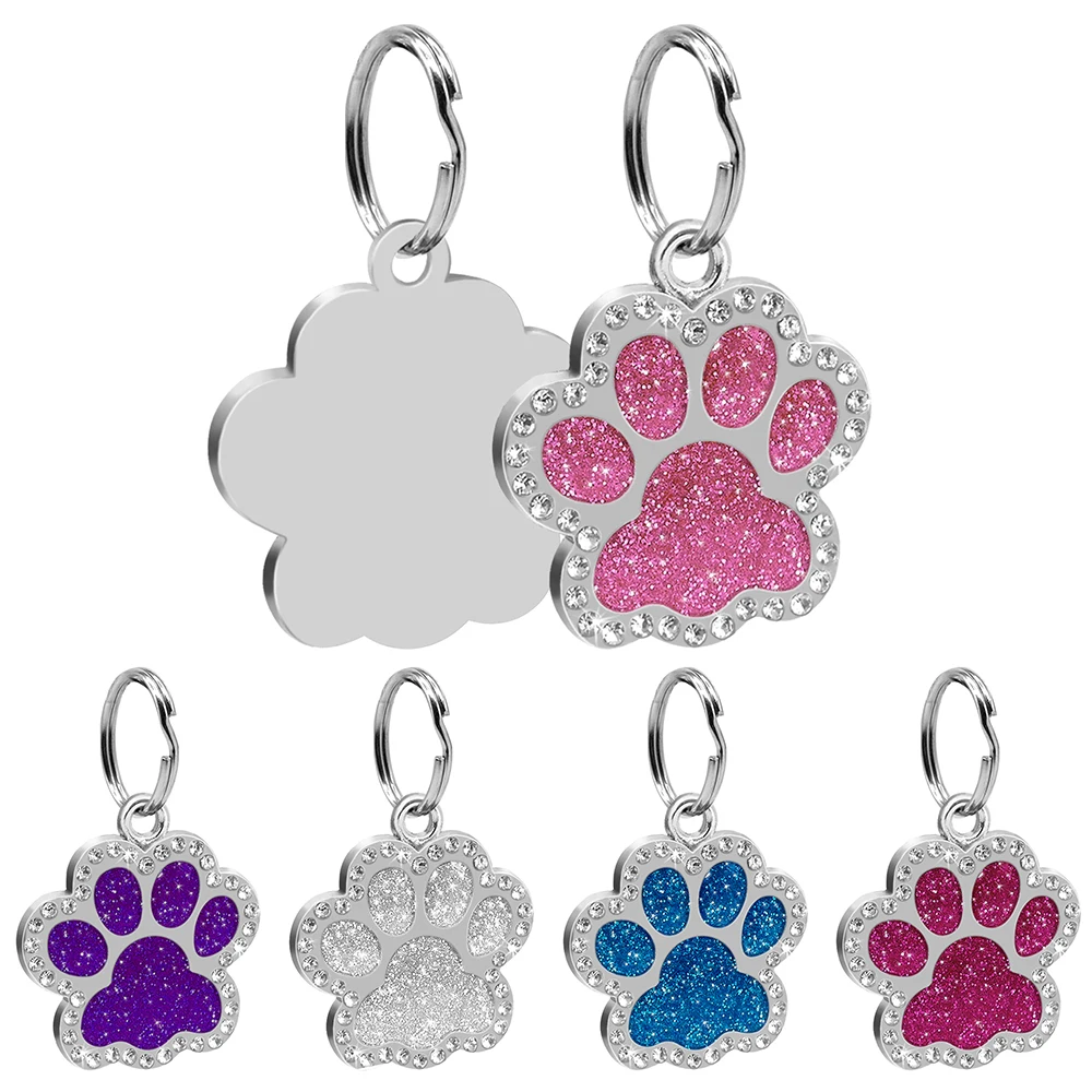 Wholesale 100PCS Diamond Dog Paw Kitten ID Tag For Collar Engraving  Pet Identification Plate Anti-loss Name Phone  Accessories