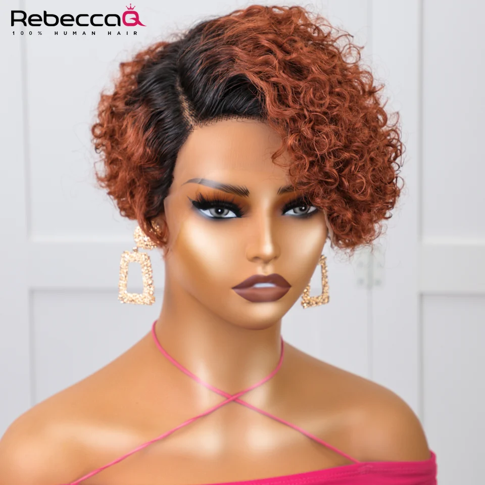 Pumpkin Orange Jerry Curly Bob Lace Front Wig Human Hair Wig With Bangs Short Pixie Curly Bob Wig Glueless Lace Wigs For Women