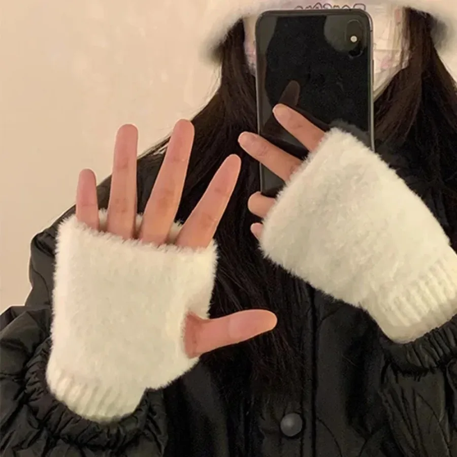 Guantes Soft Winter Half Finger Gloves Women Warm Luxury Solid White Plush Knitted Fingerless Gloves Wrist Mittens Writting