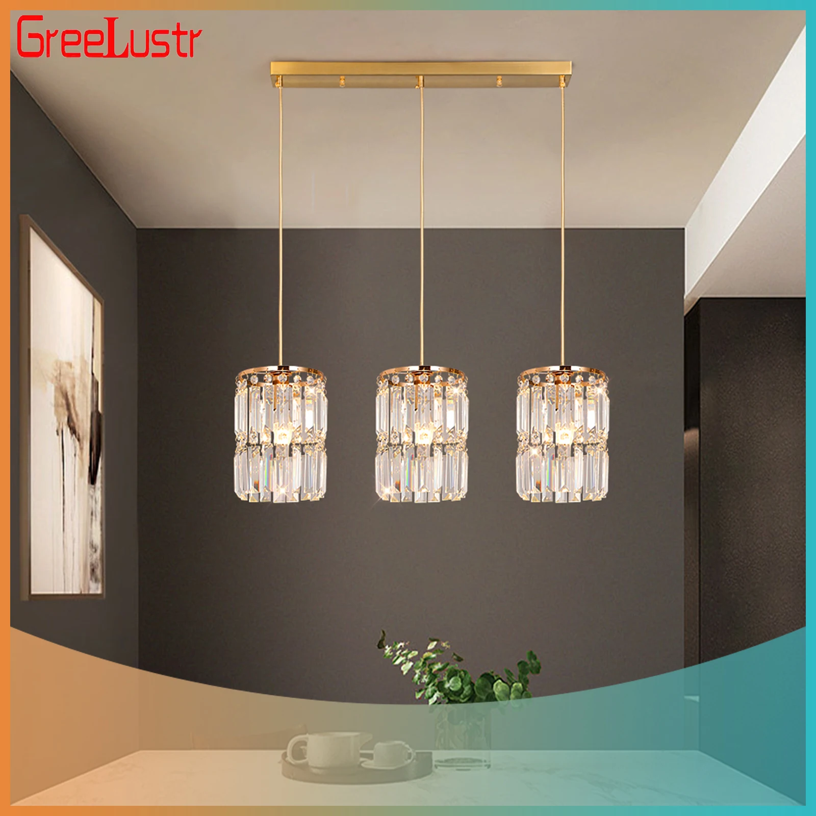 Modern Pendant Lights Nordic Copper Crystal LED Hanging Ceiling Lamp 3 Heads Lustre Living Dining Room Kitchen Island Fixtures