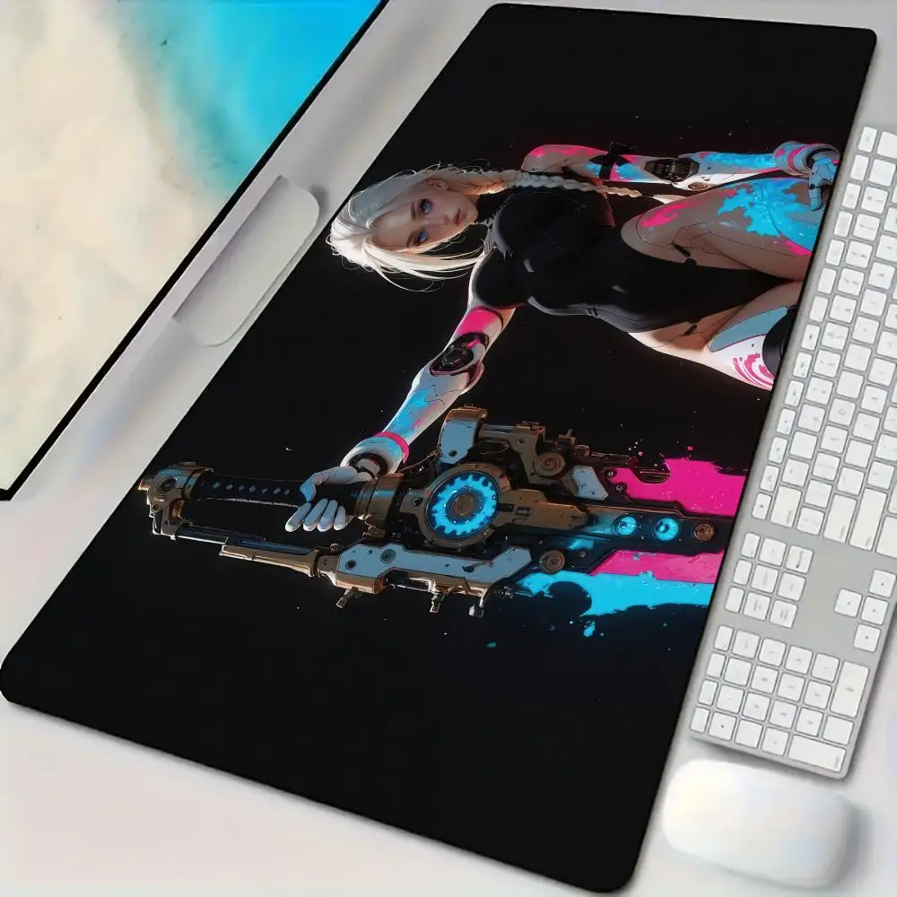 

Cyber-style female warrior anime Mouse Pad Desk Mat with Stitched Edges non-Slip rubber base gamer pc accessories Gaming mat