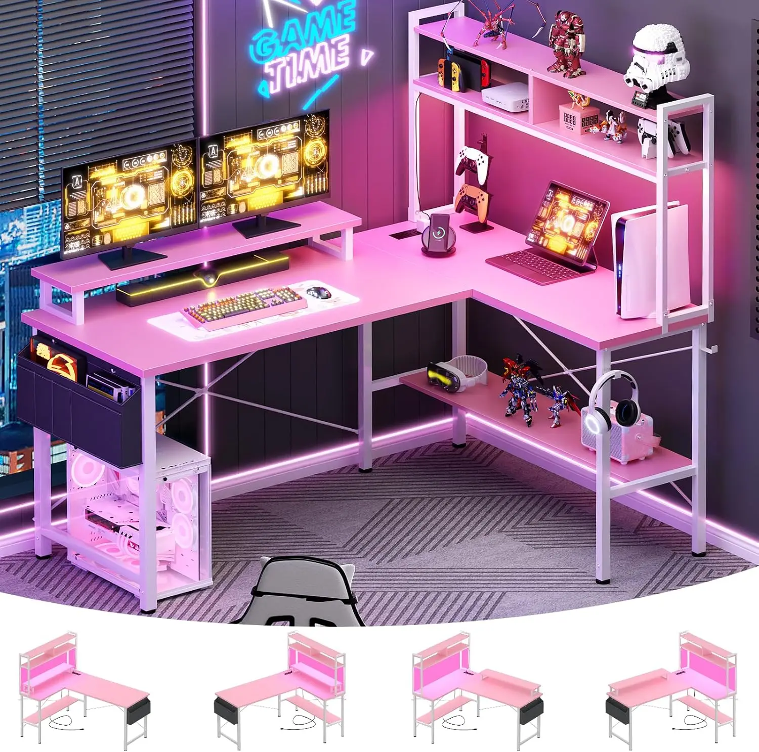 

Игровой L-образный стол с LED-подсветкой, розетками, полкой для хранения и подставкой для монитора, розового цвета