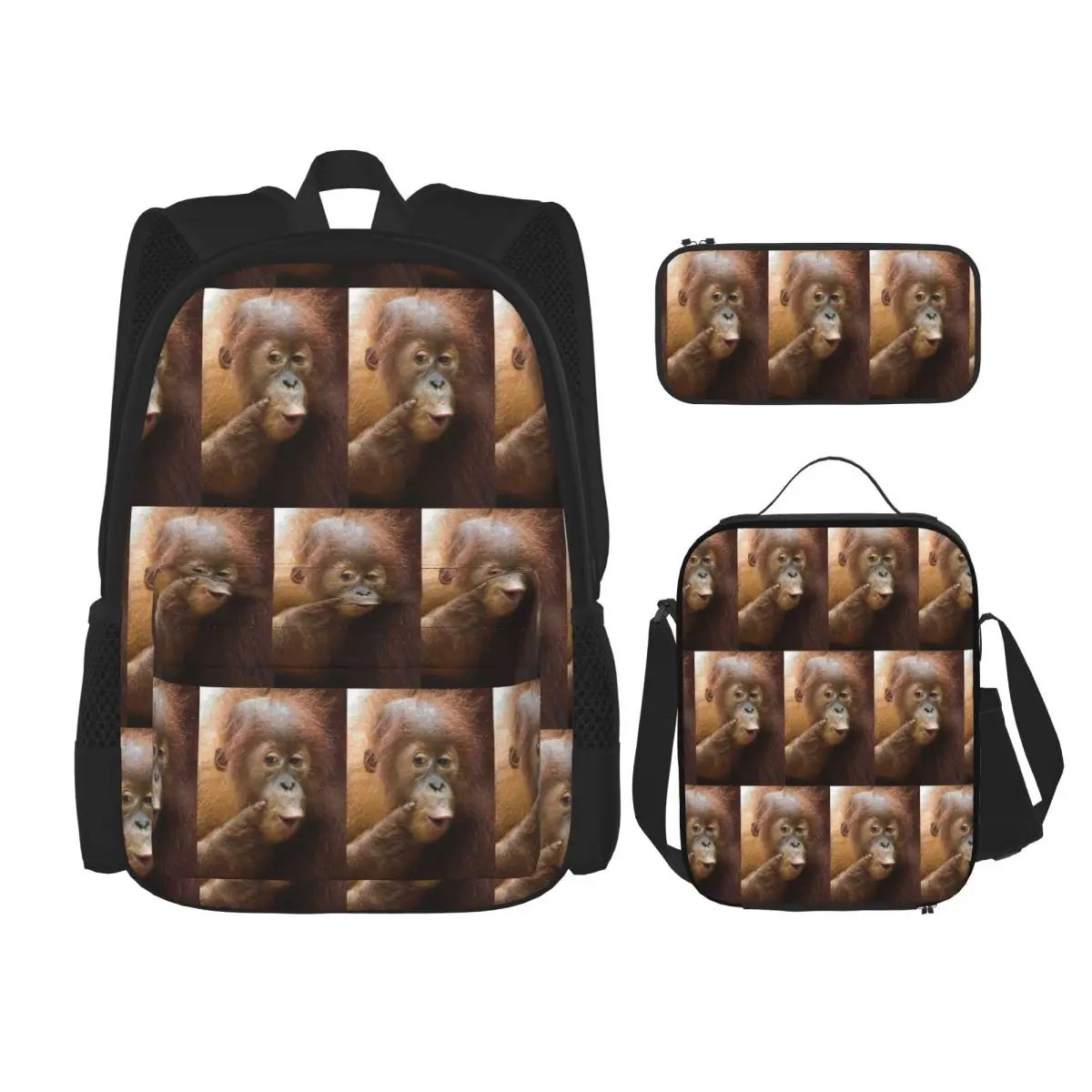 Gorilla Face Print Backpacks Boys Girls Bookbag School Bags Rucksack Lunch Bag Pen Bag Three-Piece Set