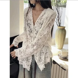 Long Sleeve Lace Shirt Tops Women's Spring Autumn New Solid Color Loose Hollow Out Korean T Shirts Temperament Elegant Clothing