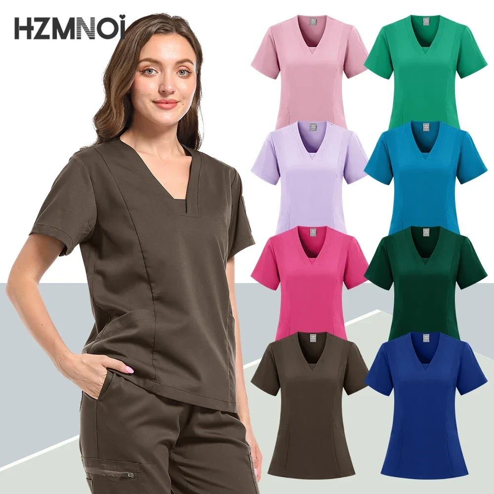 Mulheres Monocromático Scrub Tops e calças terno, Pet Uniforme Hospitalar, Avental Cirúrgico, Bolso V-Neck Scrub, Enfermeira Workwear