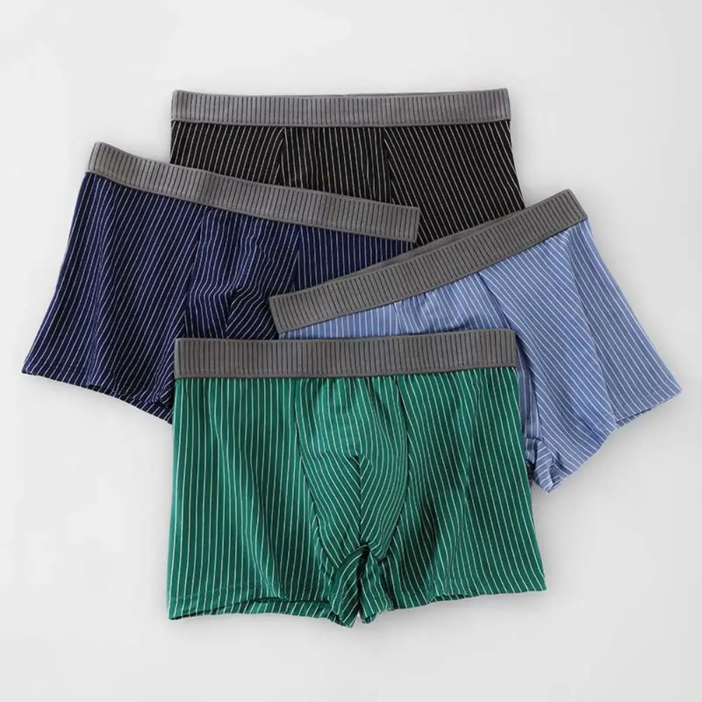 

4PCS Breathable Stripe Men's Flat Panties Mid Waist Briefs Sporty Boxers Shorts Underpants Large Size Men's Underwear Man