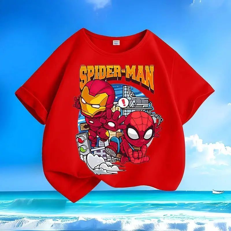 Marvel Spiderman Iron Man niños y niñas verano suave, cómodo y de moda Cool moda dibujos animados Anime patrón camiseta