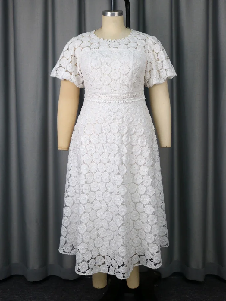 

White Lace Long Women Dresses for Wedding Floral A Line Mid Calf Half Puff Sleeves O Neck High Waist Dress