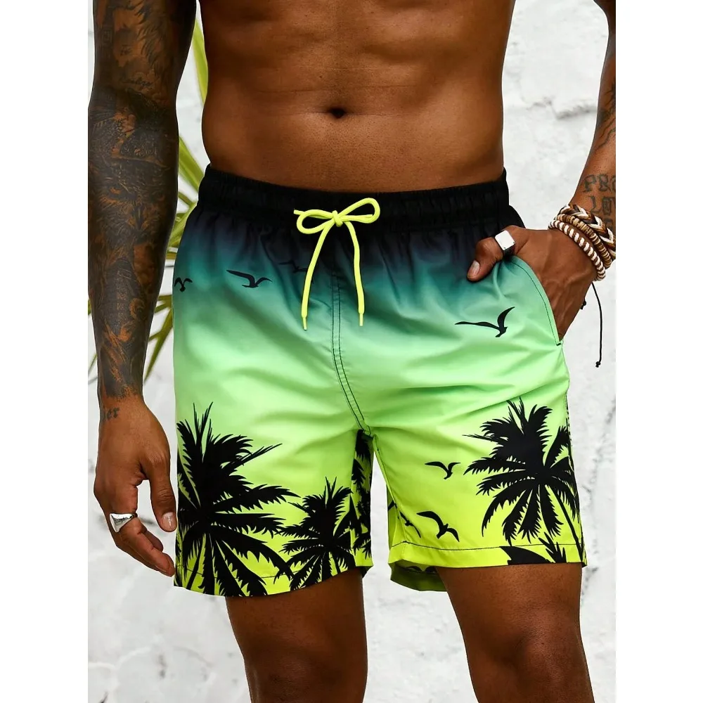 Summer Vacation Men\'s Palm Tree Print Drawstring Waist Board Shorts Fashion Swim Trunks 3D Print Breathable Short Streetwear