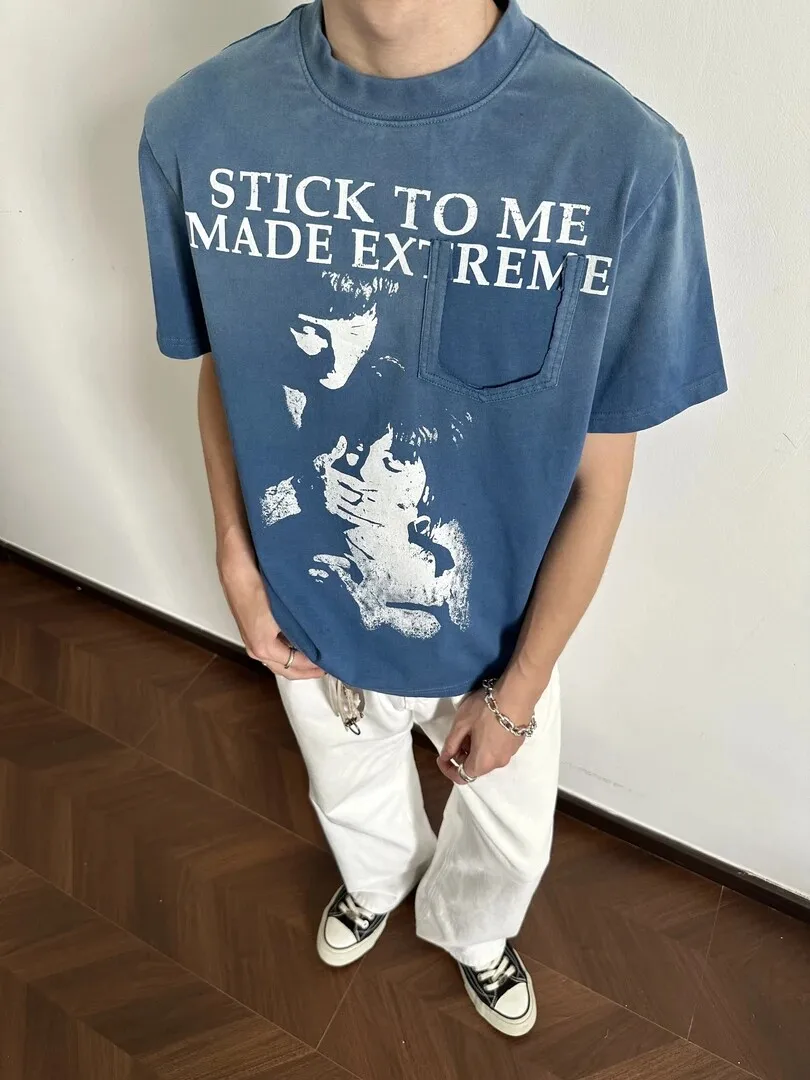 Summer Men Washed Blue Letter Print Round Neck T-shirt Vintage Character Graphic Print Short Sleeve Loose Casual Streetwear Tee