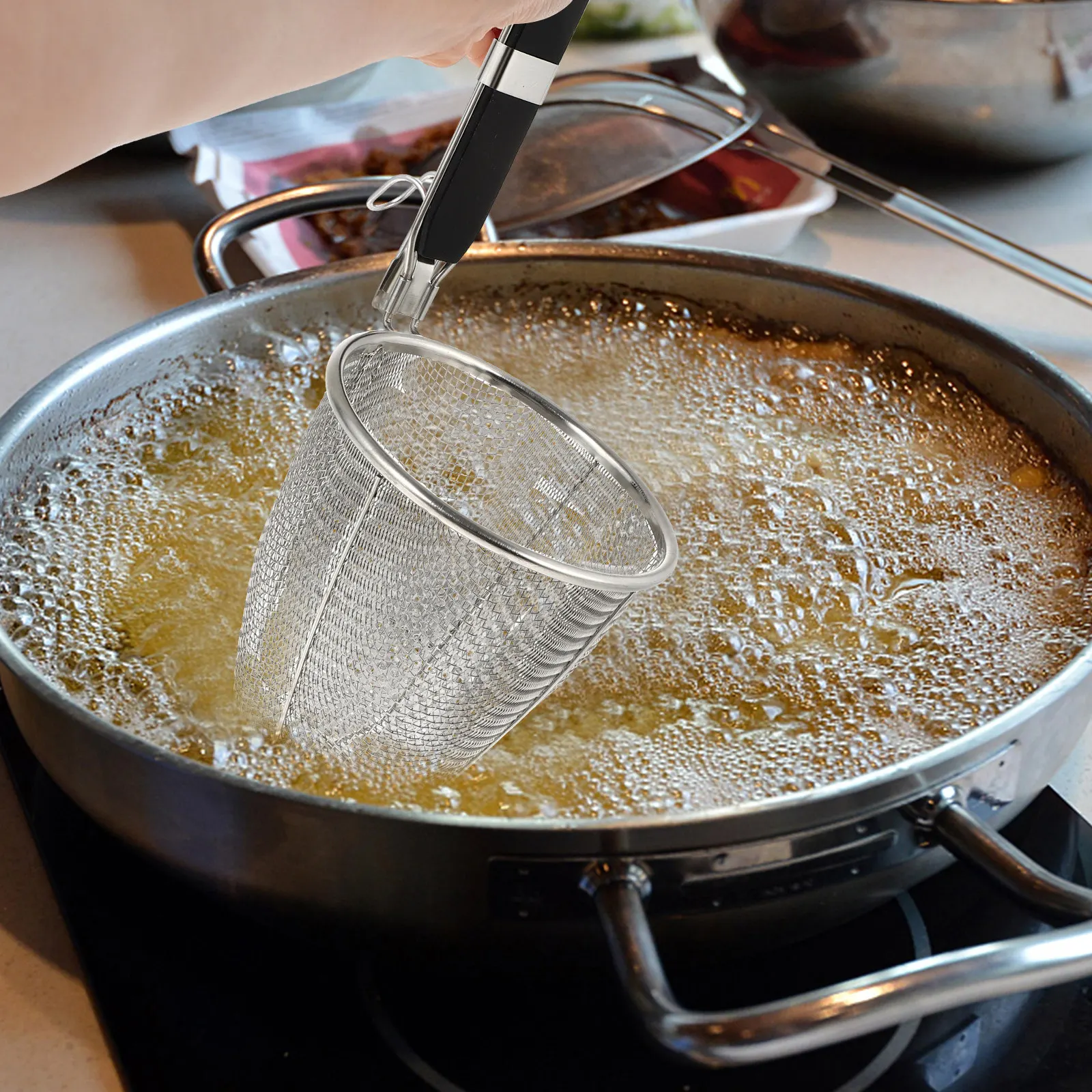 High Side Stainless Steel Strainer Basket for Pasta Noodles Dumplings Rice Lentils Draining Boiling Oil Rinsing Grains Kitchen
