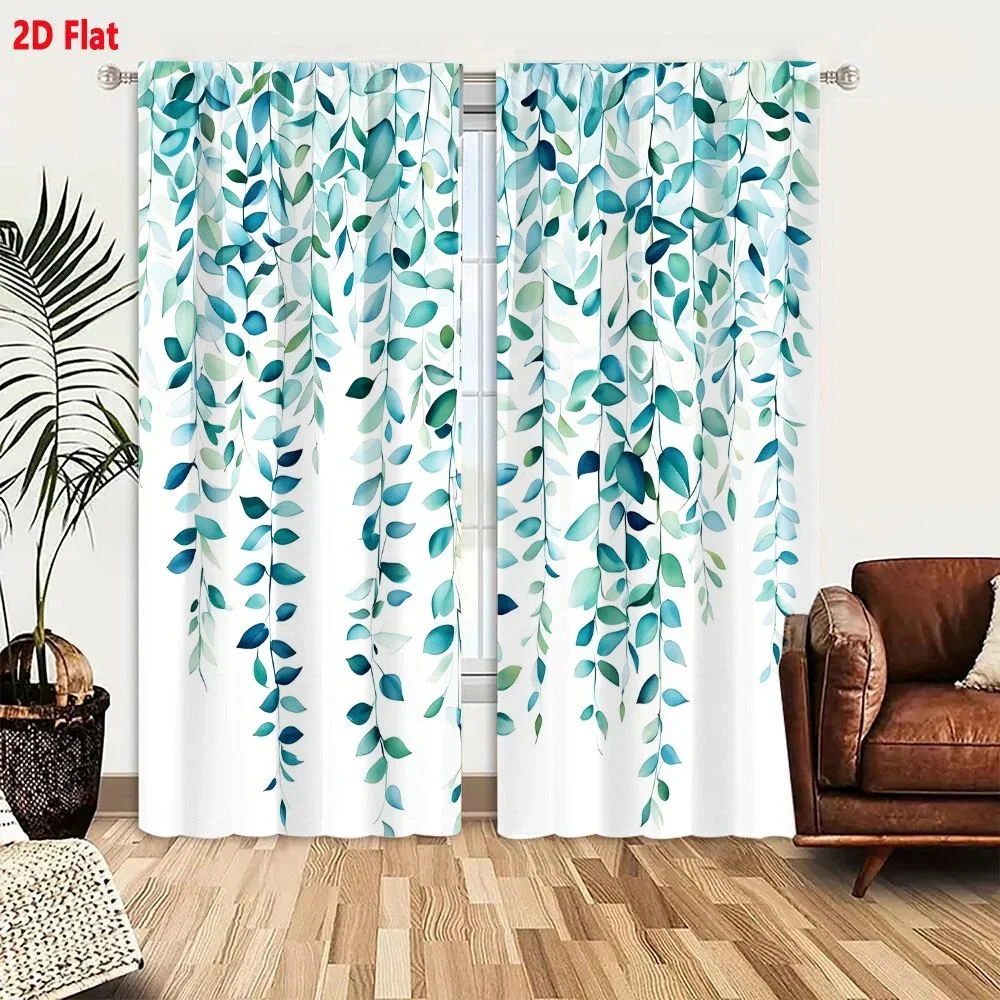 Elegant Blue Green Leaf Pattern Curtains for Living Room Bedroom Window Home Decor Curtain Panels