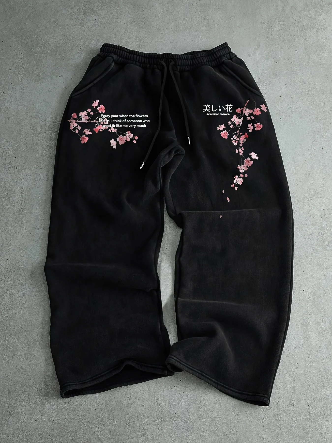 Men's Street Style Cherry Blossom Japanese Printed Jogging Pants Loose Straight Sports Sweatpants Trendy Pants