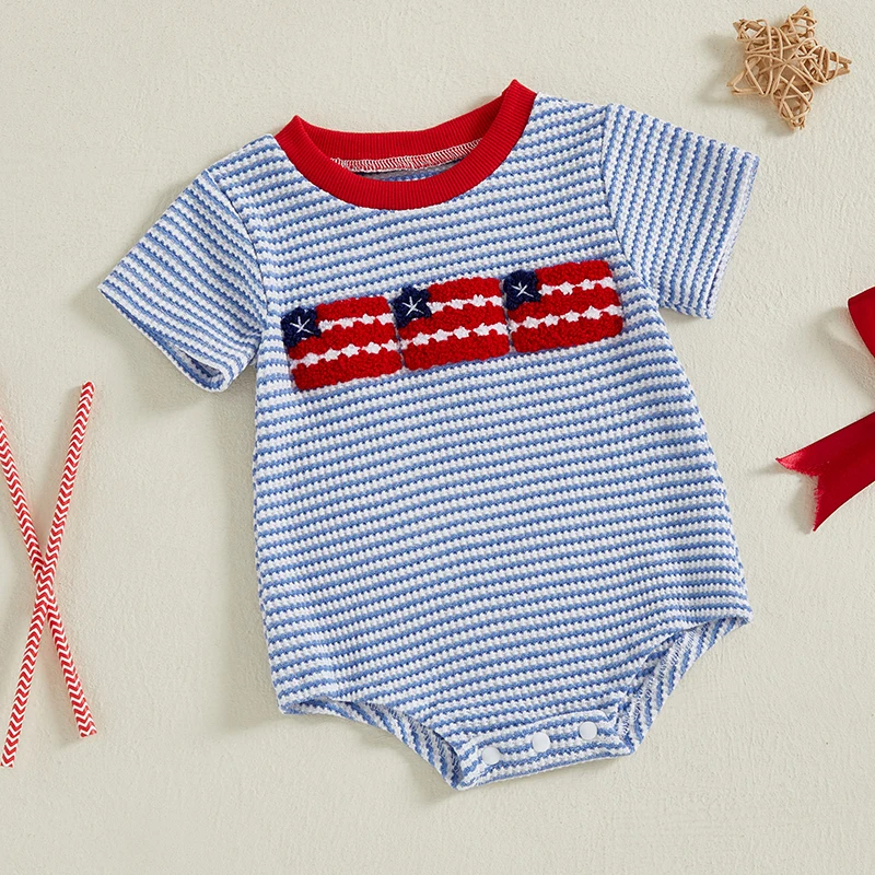 

Baby Boys Patriotic Jumpsuit Casual Flag Embroidery Striped Print Short Sleeve Romper for Newborn Cute Clothes