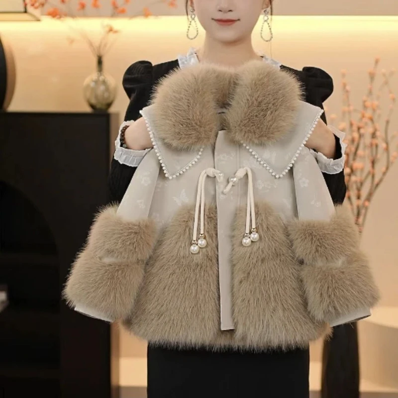 Winter 2025 New Year Atmosphere Hot Selling Pink Spliced Fur Collar Cuffs Princess Style Jacket