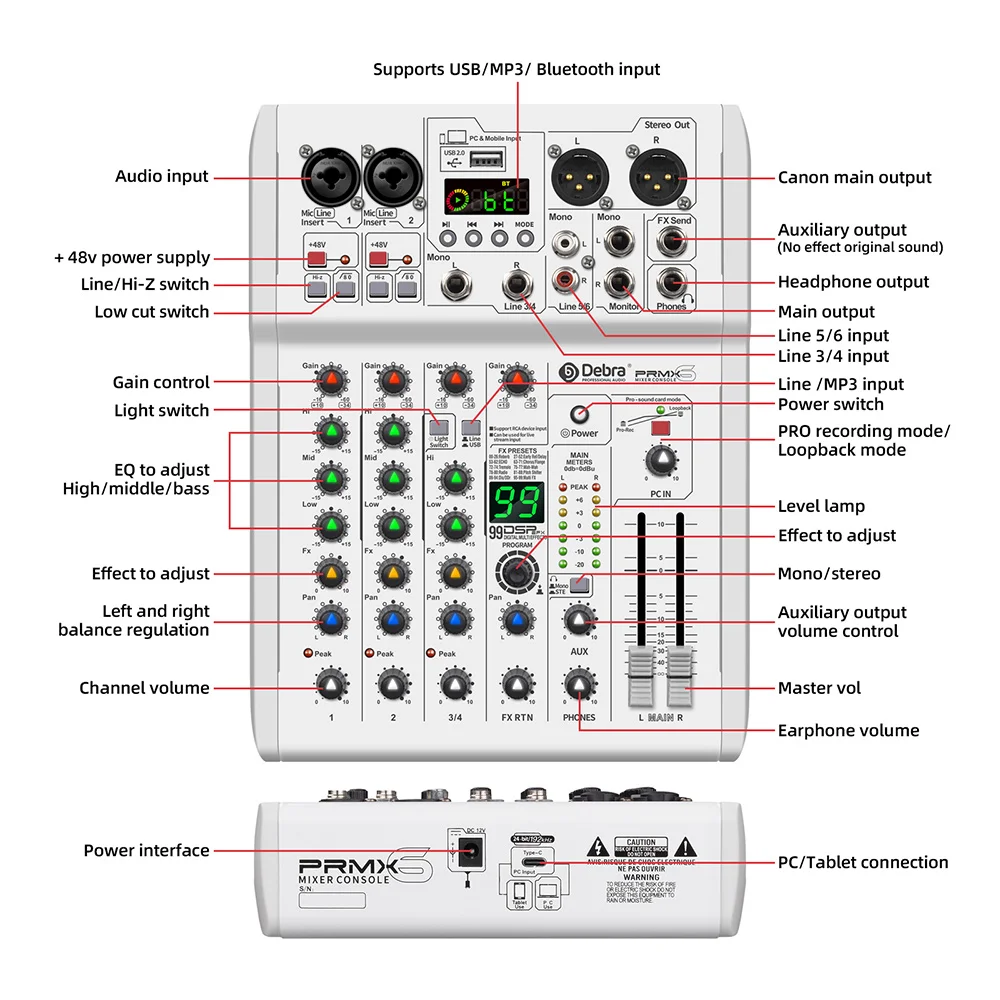 PRMX-6 Audiomixer mit 5,0 BT DJ-Konsole, 99 DSP-Effekten, tragbare Mischpult für Live-Performance, Aufnahmestudio – Detail 13