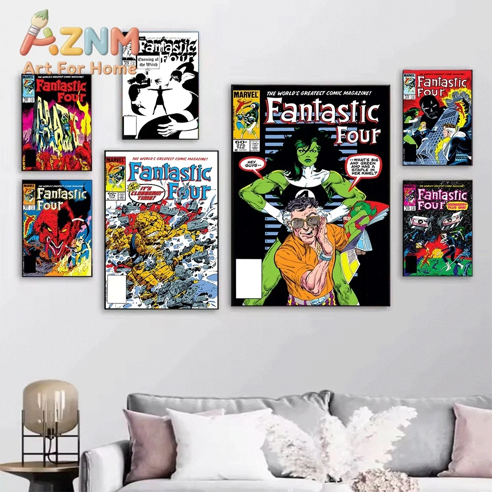 AZNM Fantastic Four Gommu Vintage Comic Cover Collage Canvas Wall Art Unframed Print, Superhero Poster for Bedroom Living Room