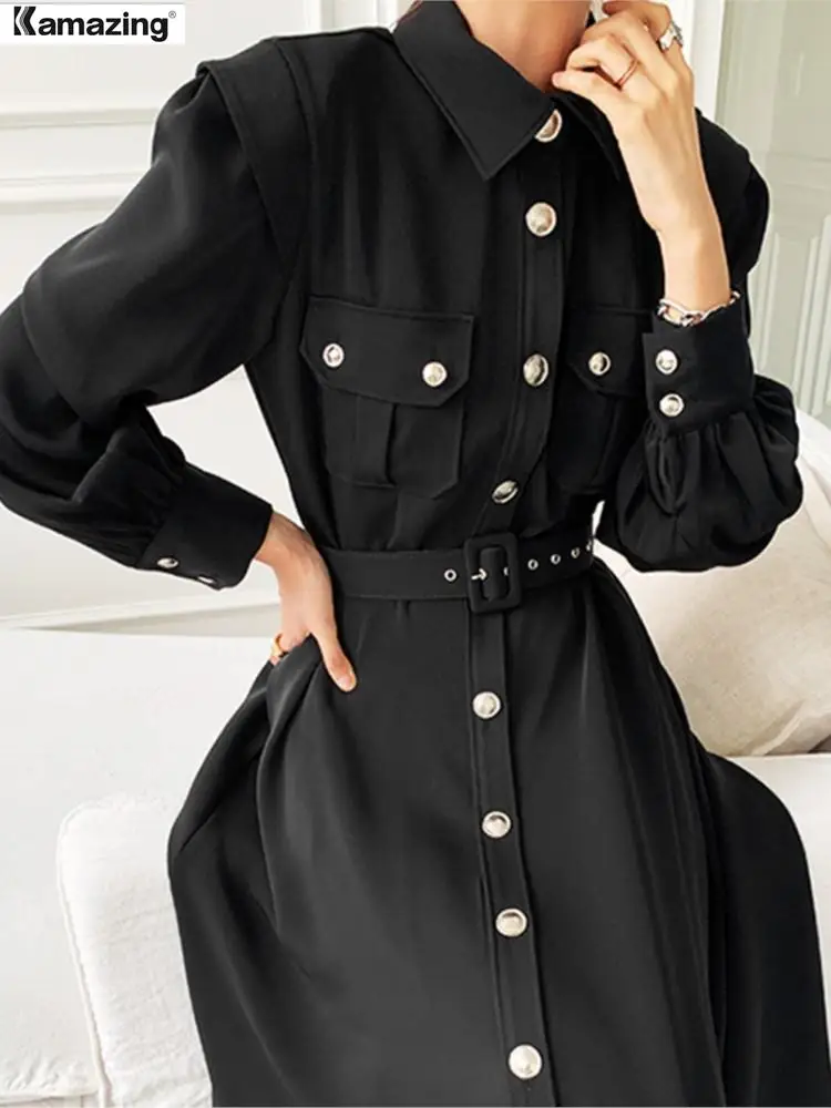 Spring Autumn Women Dress Fashion Female Puff Sleeve Vintage Solid Midi Shirt Dress Casual Single Breasted Waistband Chic Dress