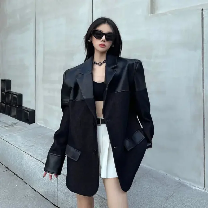 

Autumnl Winter New Women Sequins suit Jacket Korean Fashion Long sSleeves Splicing Blazer Coat Female Casual Loose Outwear W1054