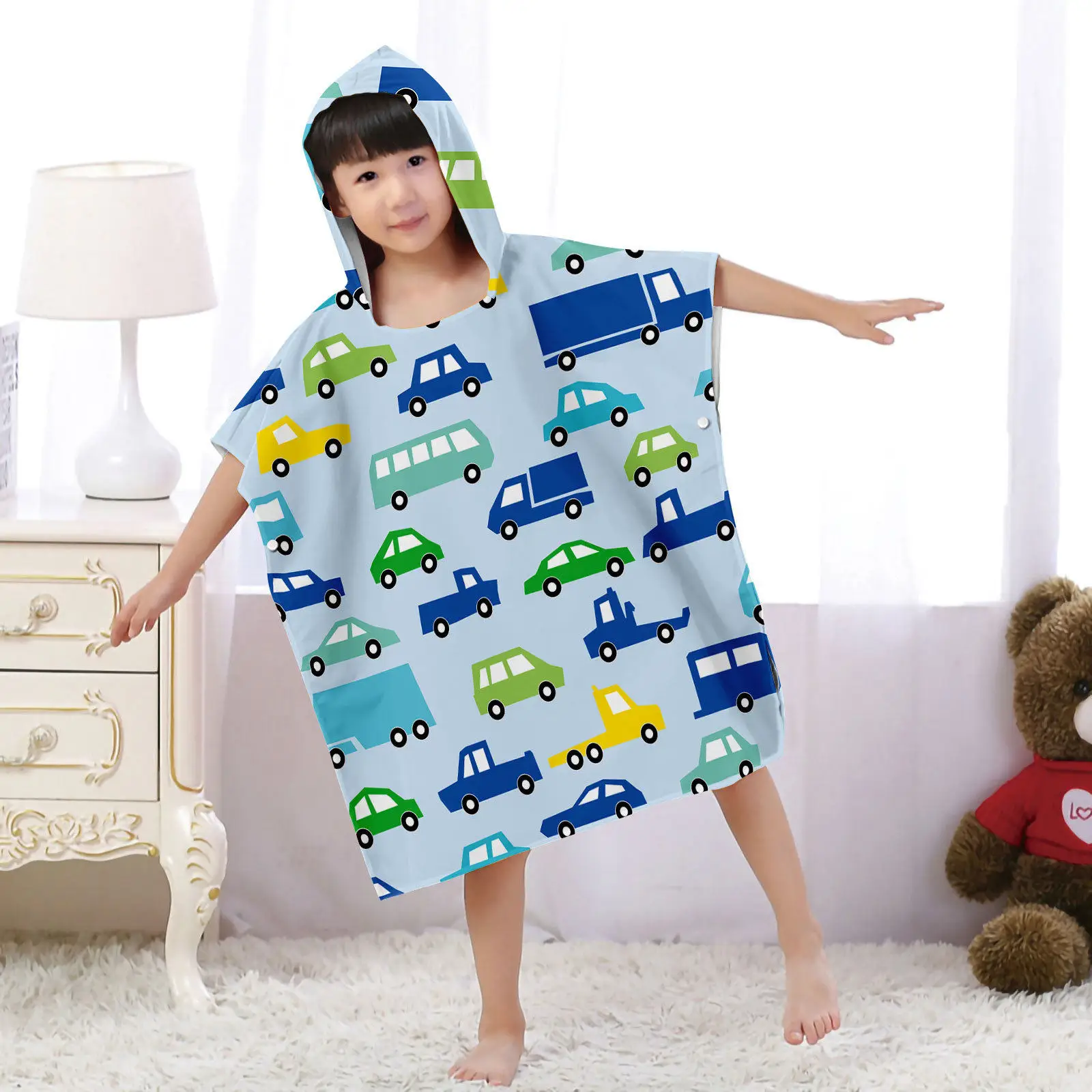 Car Series Kids Hooded Bath Towel Quick-Dry Absorbent Swimming Bathrobe for Boys Wearable Beach Towel