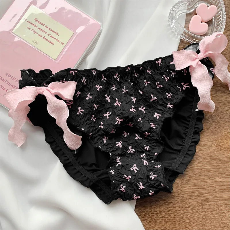 Women Milk Silk Bow Ruffle Fold Underwear Cute Lovely Sweety Panties Princess Style High Stretch Breathable Soft Breifs