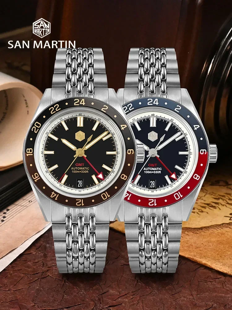 San Martin SN0116 GMT Men Watch 39.5mm NH34 Bidirectional Aluminum Bezel Luxury Automatic Mechanical Sapphire 10Bar Luminous