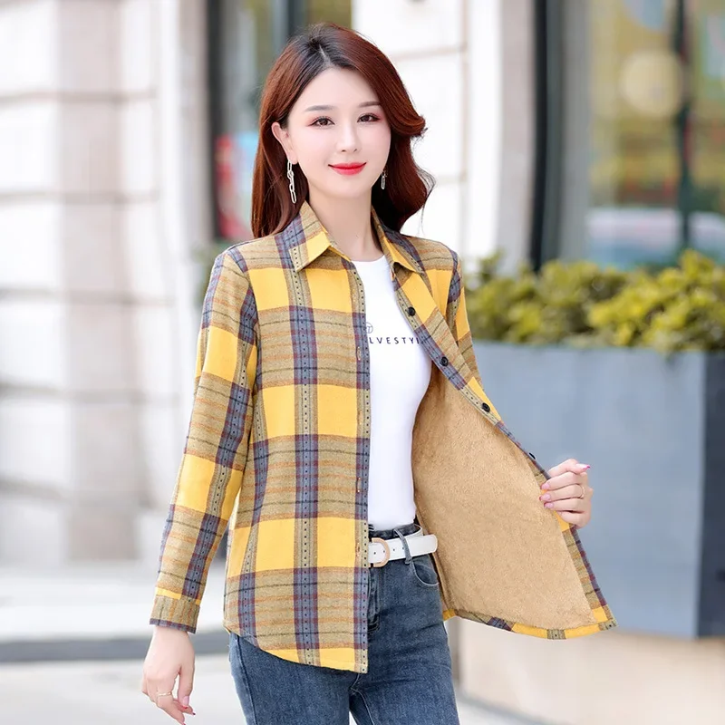 Thick Warm Women\'s Winter Slim Plaid Shirt Female Oversied Long Sleeve Tops XL-5XL Fleece Casual Checkered Blouse Women Clothes