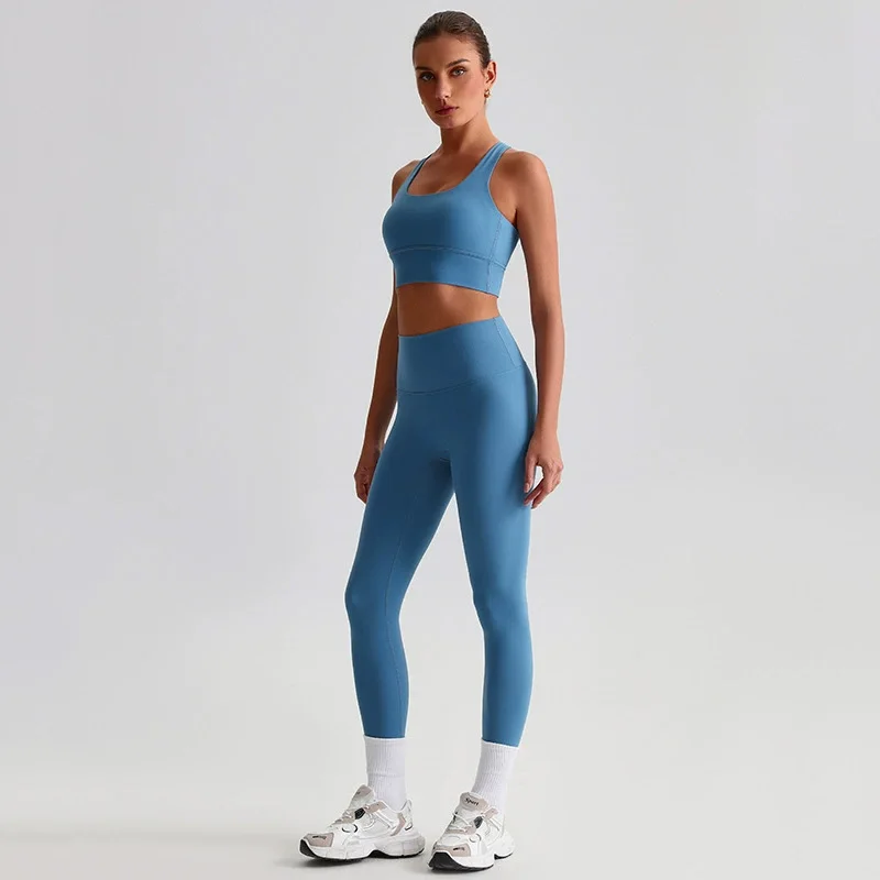 Naked Feel Yoga Set Women Fitness Sportswear 2 Piece Strappy Sports Bra High Waist Gym Leggings Workout Outfit Active Wear image 2