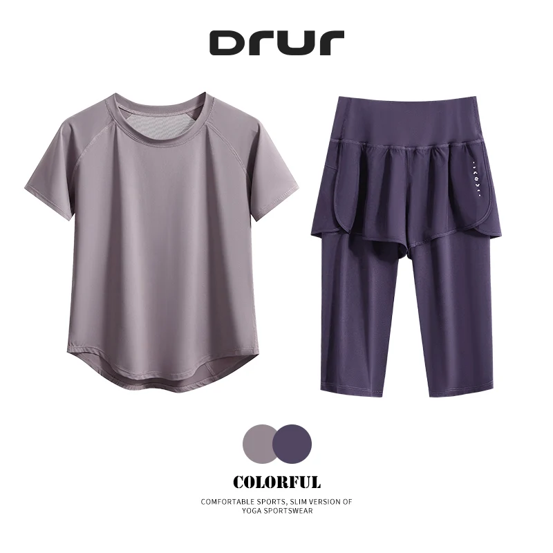 

DRUR Women Sets 2 Pcs Trend 2026 Short Sleeve Breathable Yoga Top Fitness Women Workout Running Tiered Sports Shorts Sports Sets