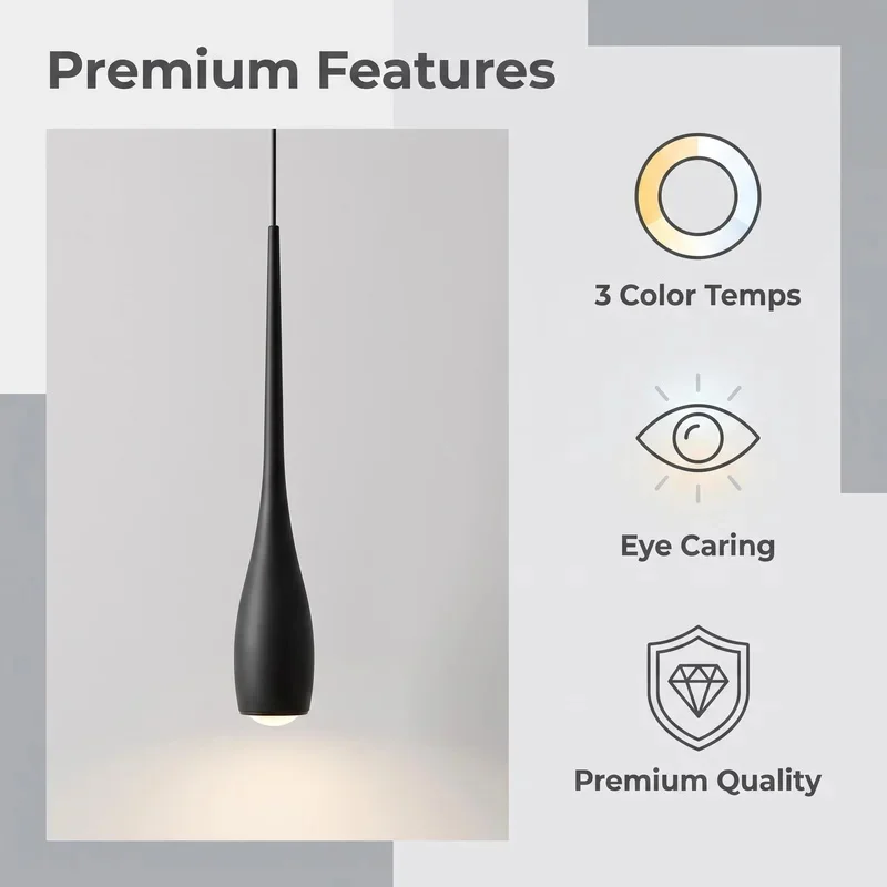 Modern Minimalist Water Drop LED Pendant Light Black Single Head Hanging Lamp for Bedroom Bedside Kitchen Island Decor